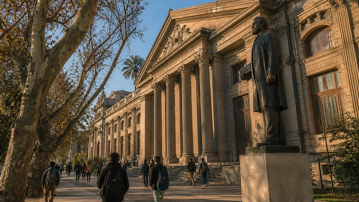 Fachada neoclásica de un edificio universitario en el centro de Santiago de Chile, con estudiantes caminando