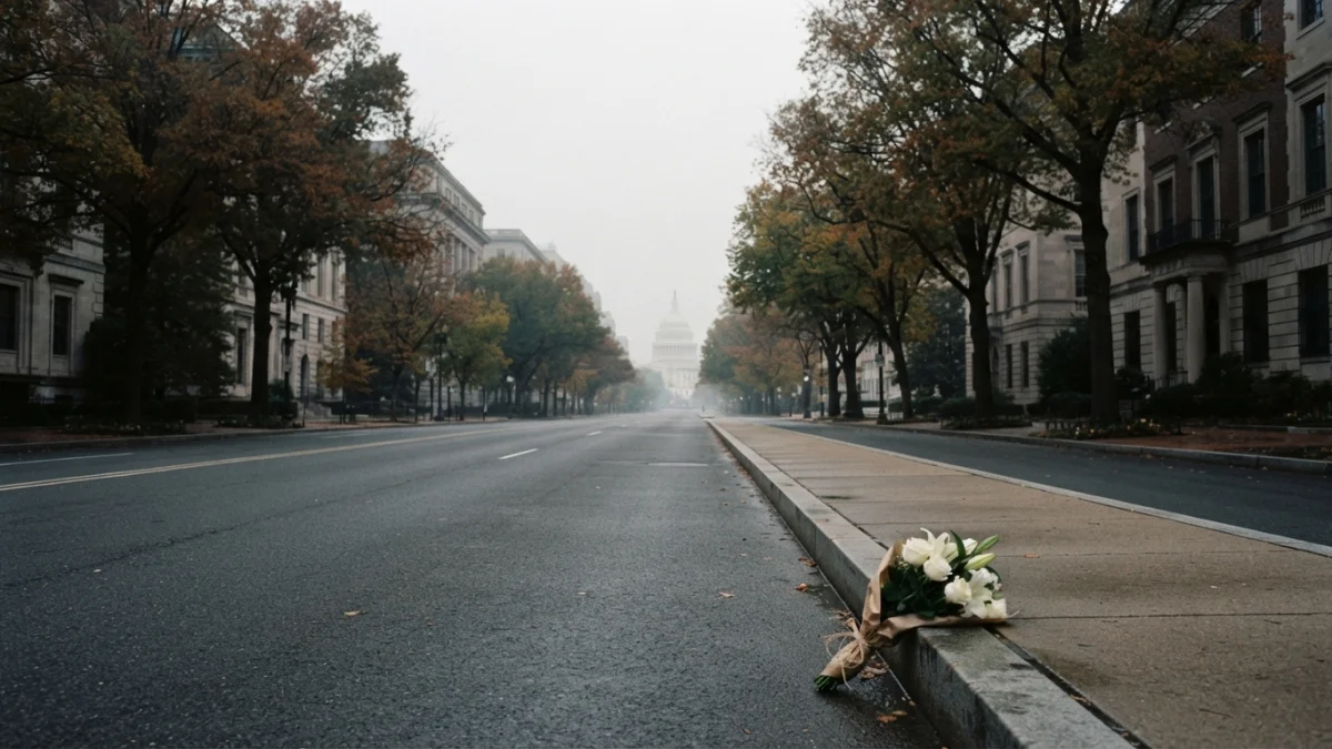 Avenida en Washington D.C. al amanecer con un ramo de flores blancas sobre la acera