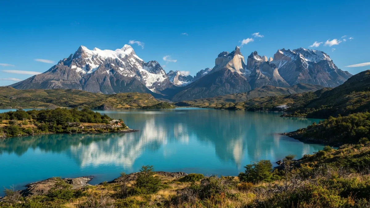 Montañas de la Patagonia chilena junto a un lago turquesa