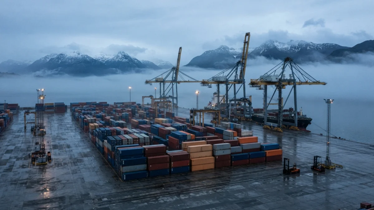Terminal portuario industrial con grúas de contenedores al amanecer