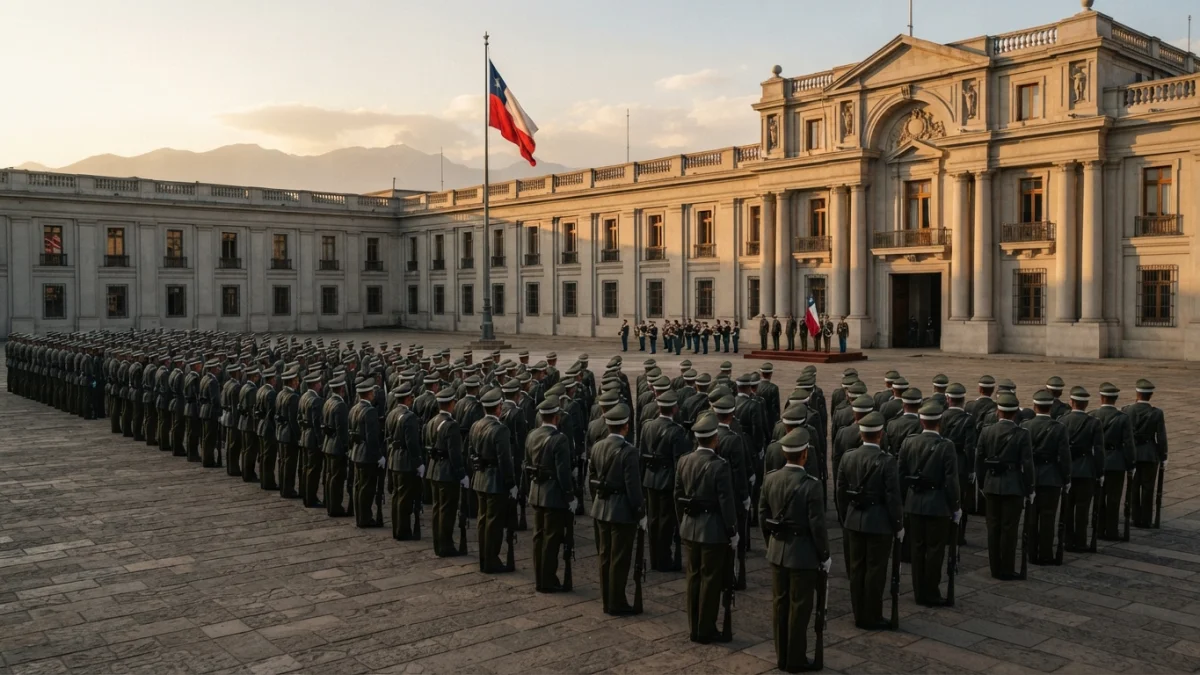 Patio ceremonial institucional con uniformes militares y bandera de Chile