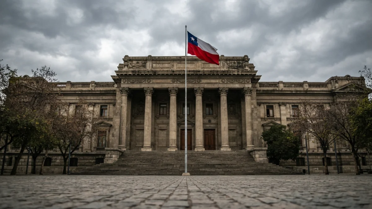 Frontis de un edificio institucional chileno con bandera de Chile