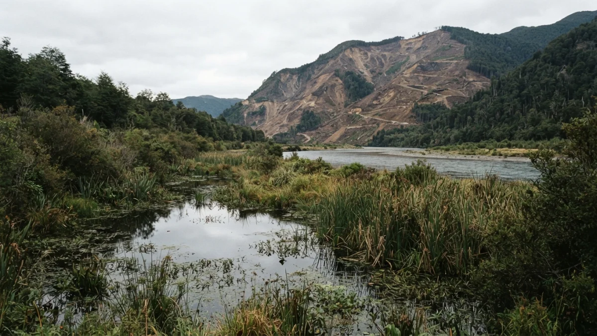Humedal con juncos junto a un cerro con la vegetación removida en el sur de Chile