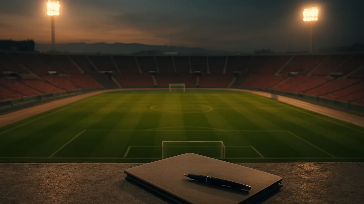 Estadio de fútbol vacío al atardecer con una carpeta de expediente en primer plano