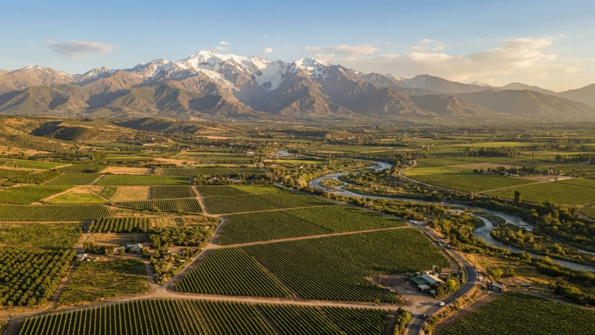 Valle central de Chile con viñedos y la cordillera de los Andes al fondo
