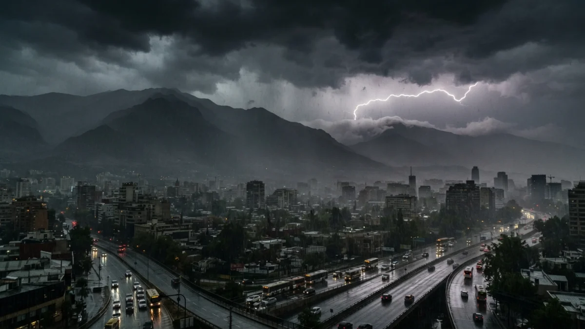 Nubarrones de tormenta sobre la precordillera y la ciudad de Santiago