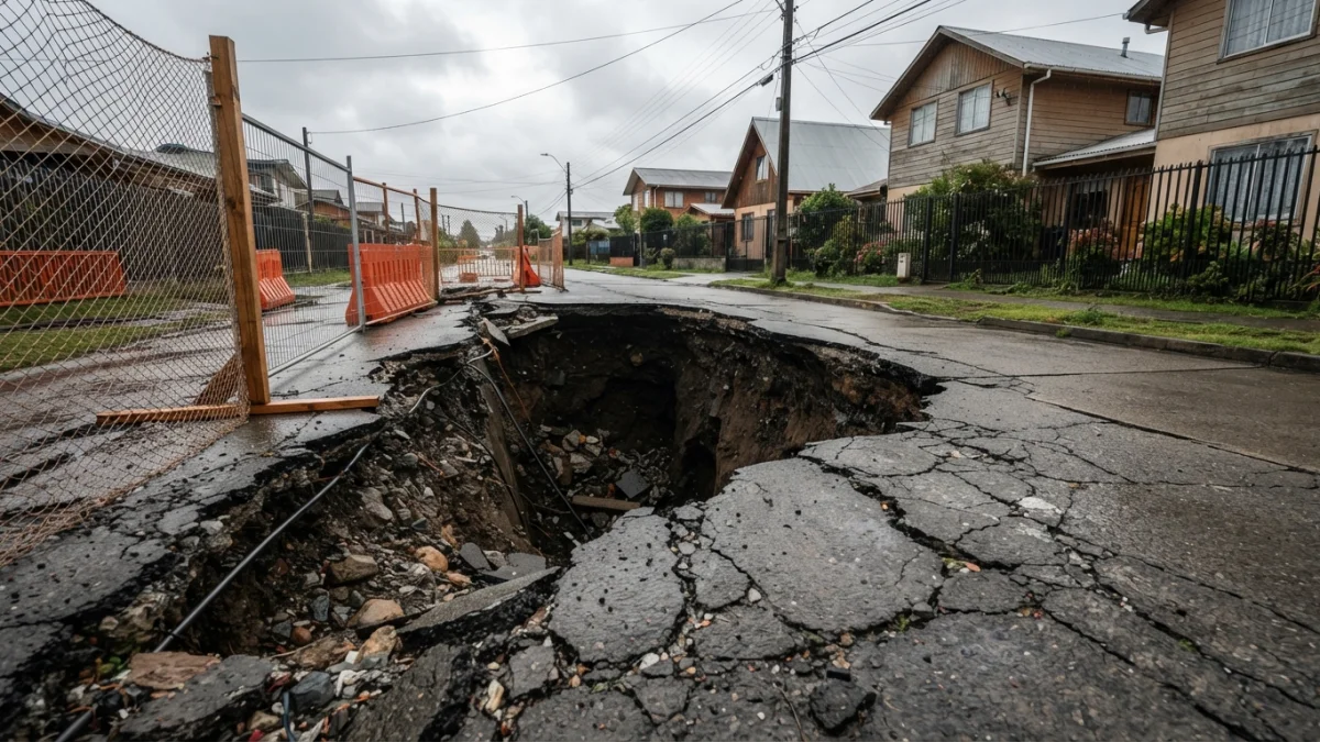 Calle residencial con el pavimento fracturado por el socavón de Villa El Mirador en Arauco