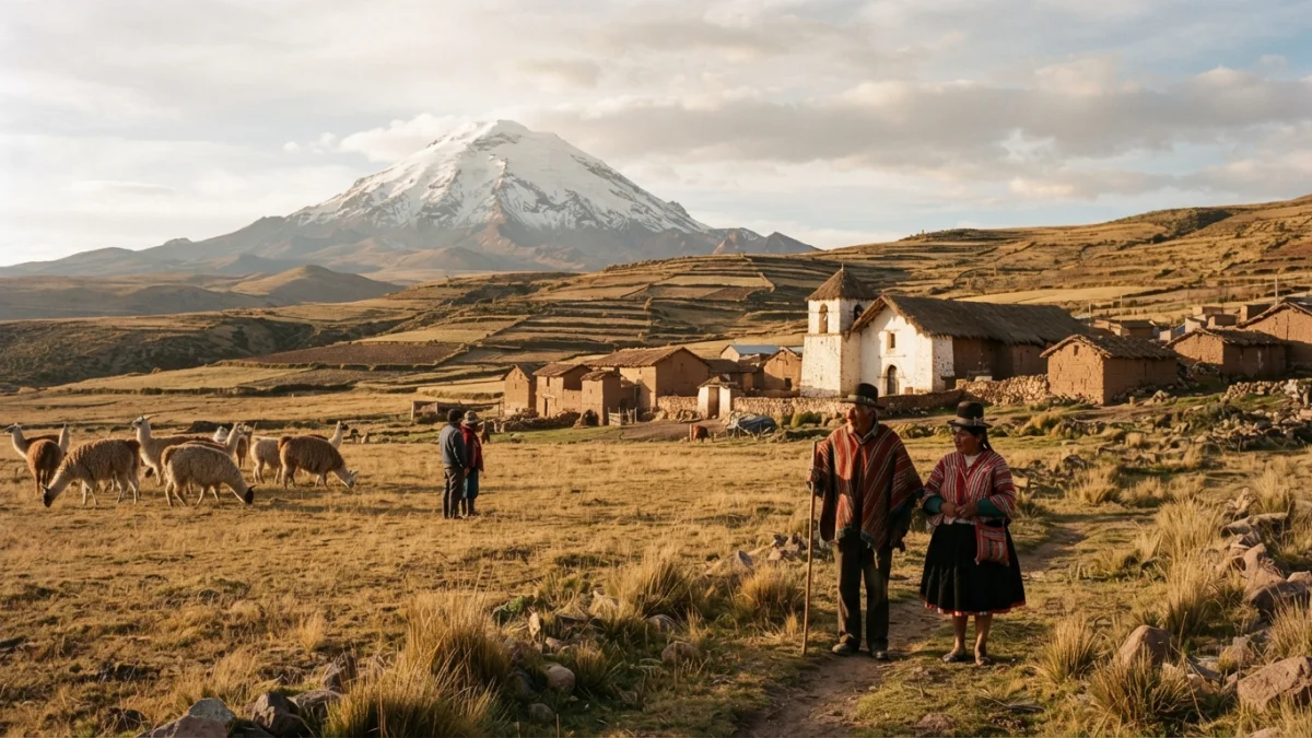 Amanecer en un poblado del altiplano del norte de Chile con terrazas de cultivo y llamas