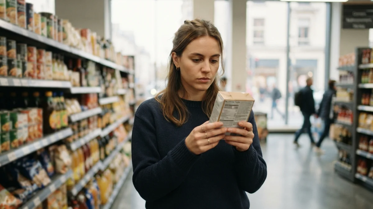 Persona leyendo la etiqueta de un alimento en un supermercado