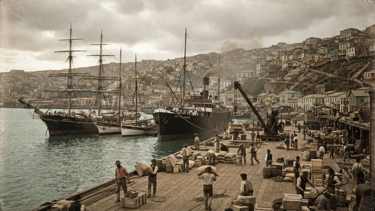 Veleros y trabajadores en el muelle de Valparaíso a fines del siglo XIX