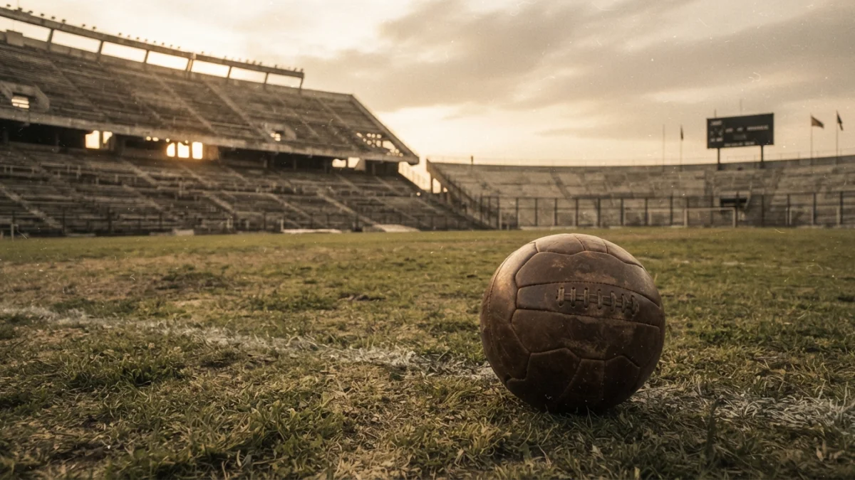 Balón de cuero antiguo en el pasto de un estadio sudamericano de los años sesenta