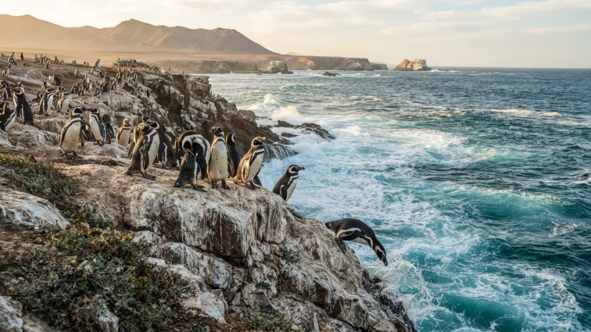 Colonia de pingüinos de Humboldt en roqueríos de la costa desértica del norte de Chile