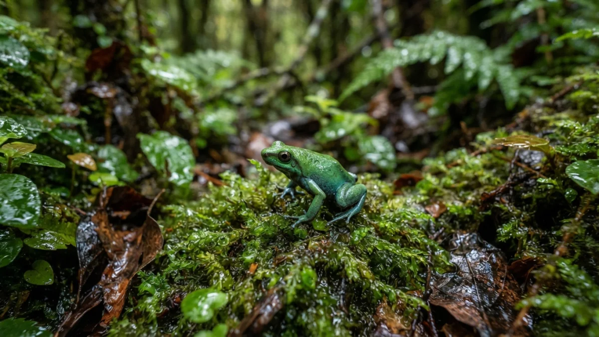 Ranita de Darwin con pigmentación azulada sobre musgo en la Patagonia