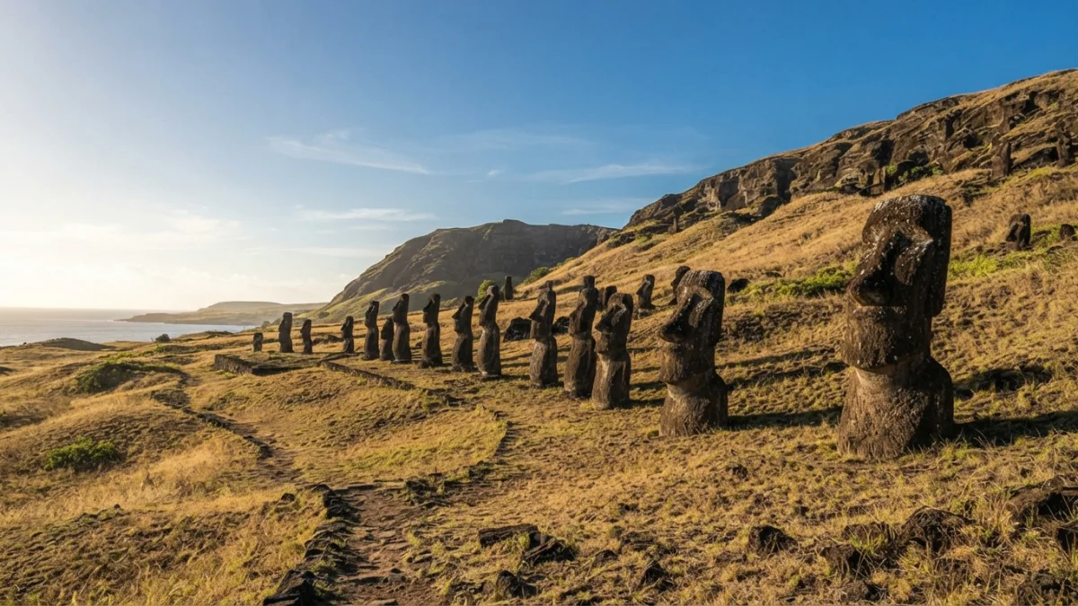 Estatuas moai de piedra volcánica en la ladera de un volcán en Rapa Nui, Chile
