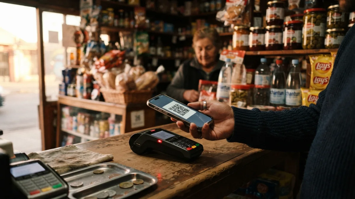Persona pagando con un código QR desde su teléfono en el mesón de un almacén de barrio