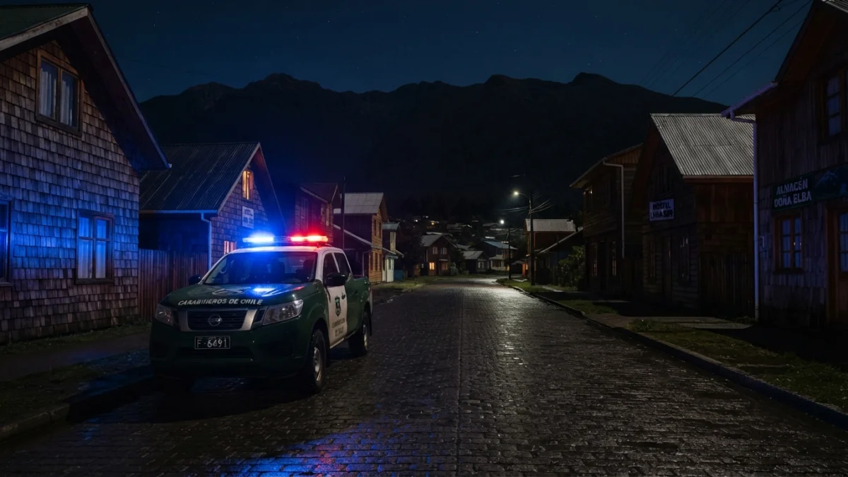 Patrulla policial estacionada de noche en una calle de un pueblo rural del sur de Chile