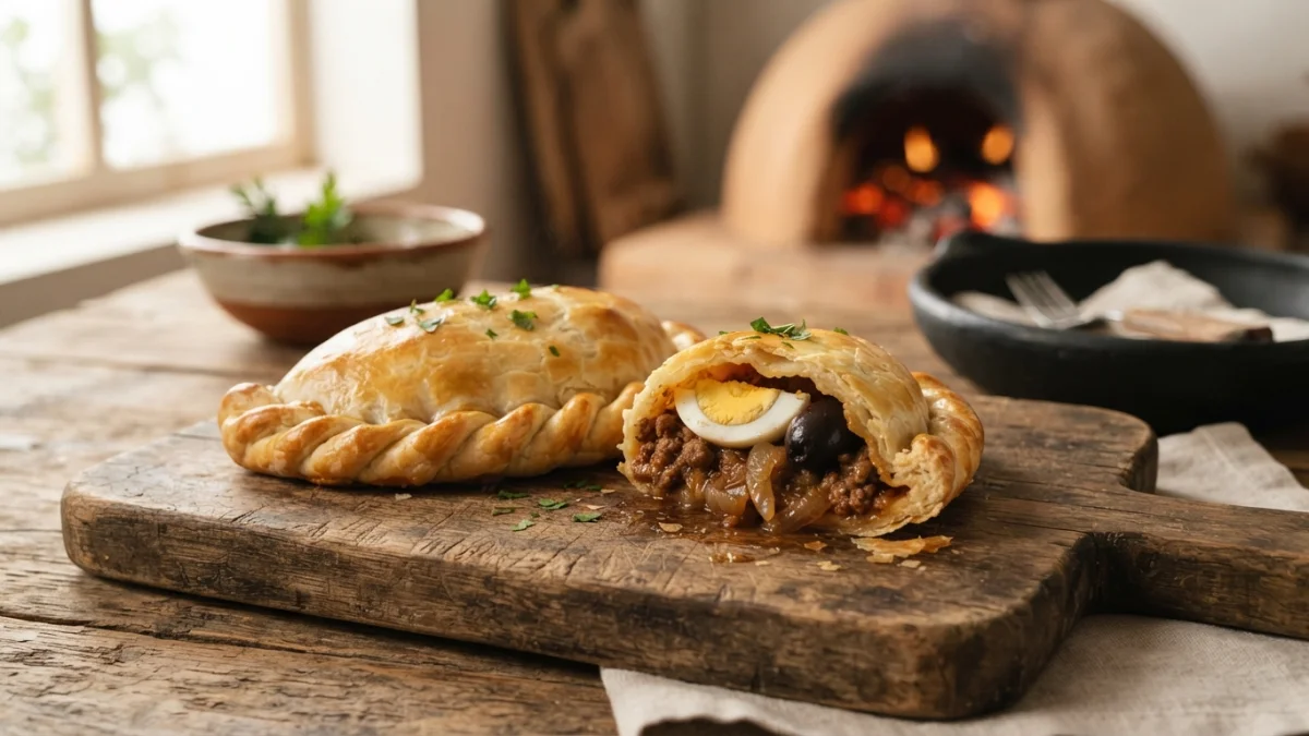 Empanada de pino chilena recien horneada sobre una tabla de madera
