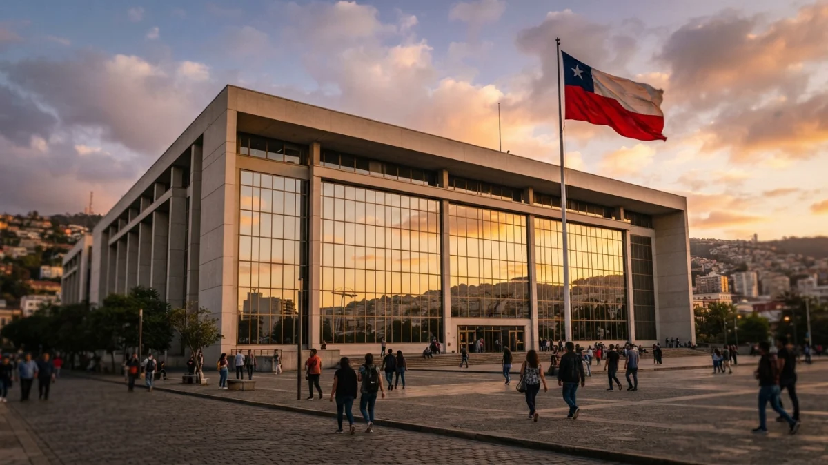 Frontis del Congreso Nacional en Valparaíso al atardecer