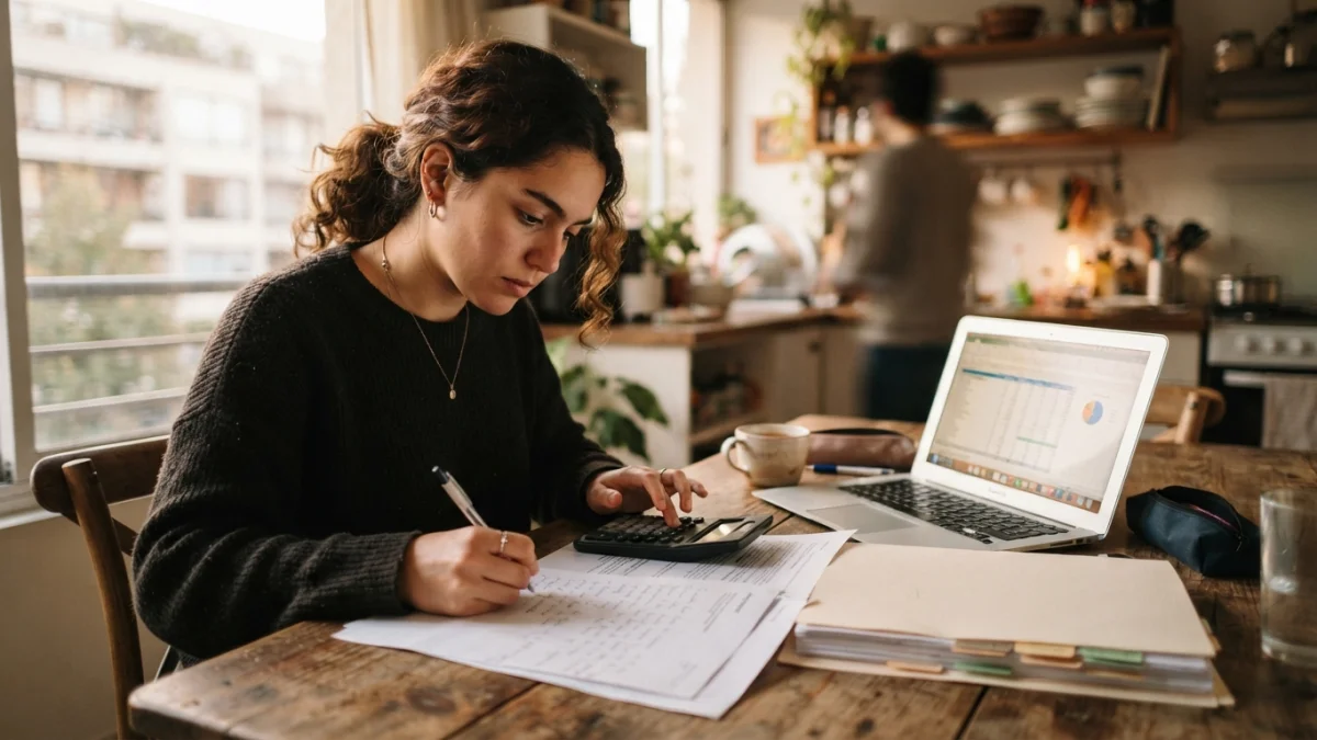 Estudiante revisando documentos y calculadora en una mesa, imagen generada con inteligencia artificial
