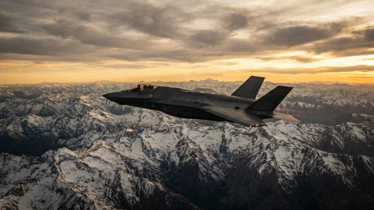 Caza furtivo F-35 en vuelo sobre la cordillera de los Andes (imagen ilustrativa generada con IA)