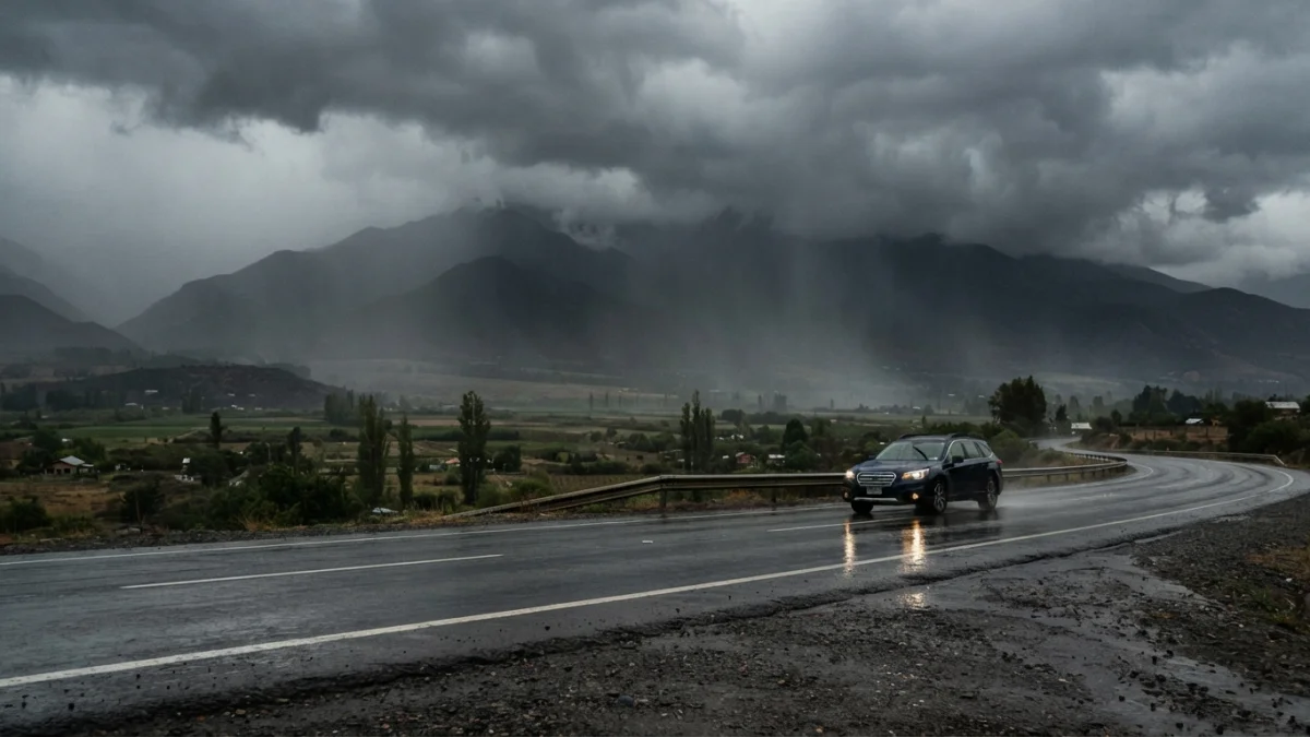 Sistema frontal avanzando sobre el valle central de Chile con lluvia y nubes bajas