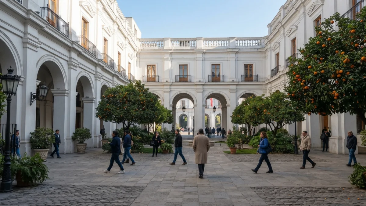 Patio interior del Palacio de La Moneda con naranjos, en Santiago