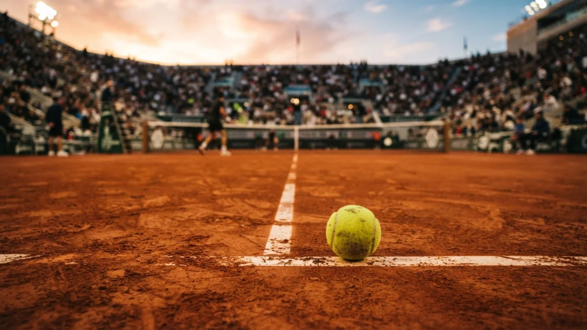 Cancha de tenis de arcilla con una pelota en primer plano y público al fondo