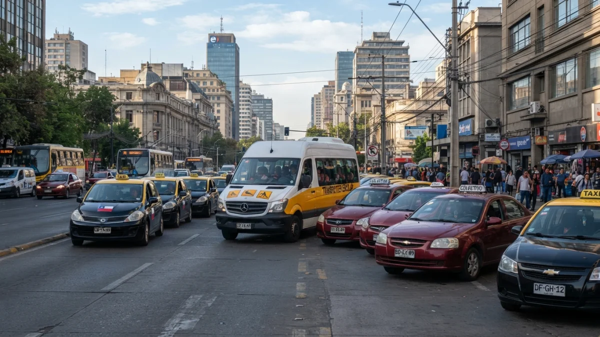 Taxis básicos y transporte escolar en una calle de Santiago