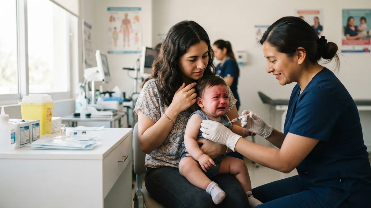 Enfermera aplicando una vacuna a un bebé en un centro de salud de Chile