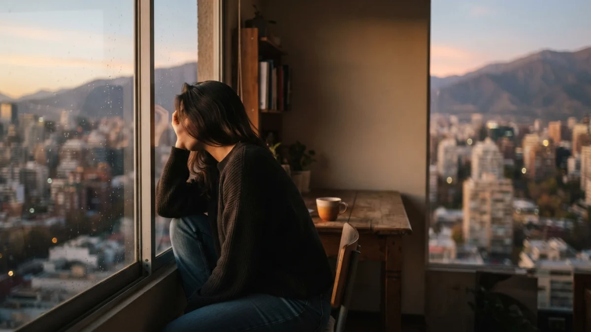 Persona junto a una ventana al atardecer, imagen generada con inteligencia artificial