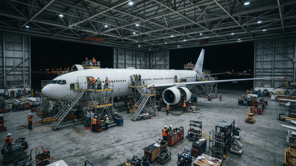 Avión de fuselaje ancho en un hangar de mantención