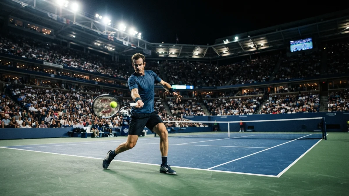 Jugador de tenis zurdo golpeando un drive en una cancha azul bajo las luces del estadio