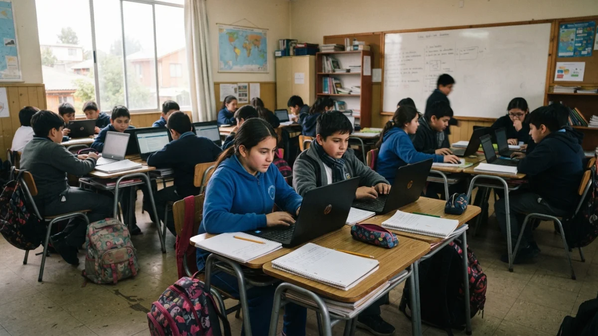 Estudiantes de séptimo básico trabajando con computadores en una sala de clases