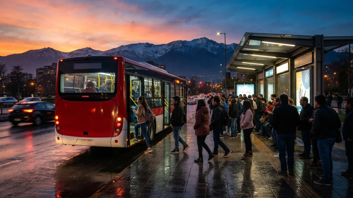 Bus rojo de Red Movilidad detenido en un paradero de Santiago al atardecer