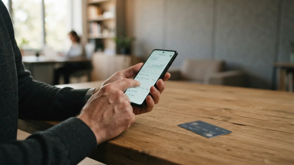 Persona usando la aplicación de su banco en el celular junto a una tarjeta bancaria
