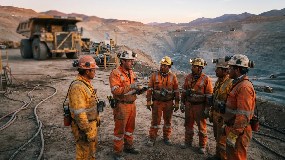 Trabajadores mineros con equipo de seguridad al inicio de un turno
