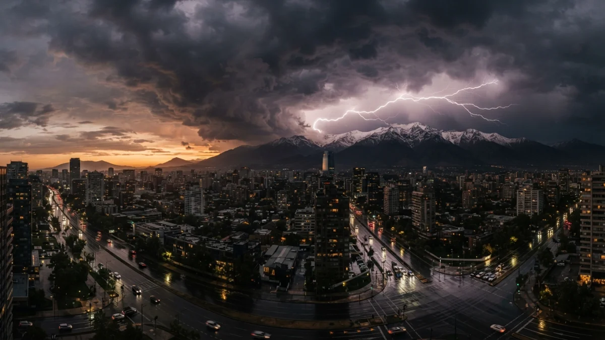 Tormenta eléctrica sobre una ciudad chilena con la cordillera al fondo