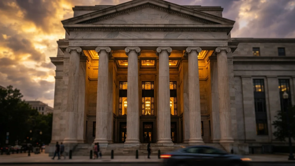 Fachada del edificio de la Reserva Federal en Washington al atardecer