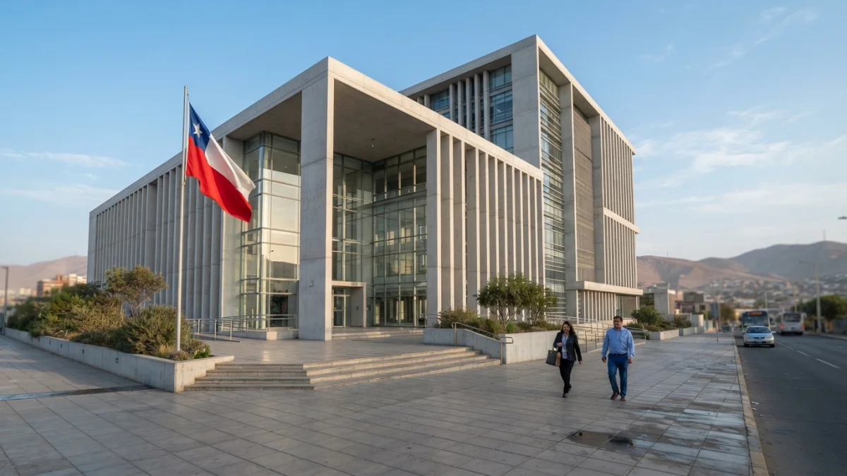 Fachada de un edificio de tribunales con bandera chilena en Antofagasta