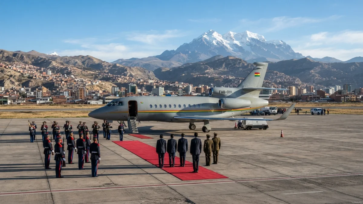 Plataforma de aeropuerto de altura en el altiplano andino con un avión oficial y la ciudad al fondo