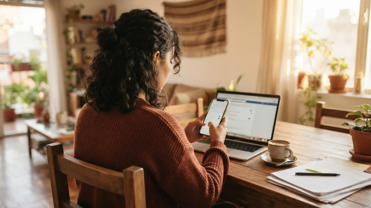 Persona revisando la configuración de privacidad de sus cuentas en un teléfono, junto a un notebook