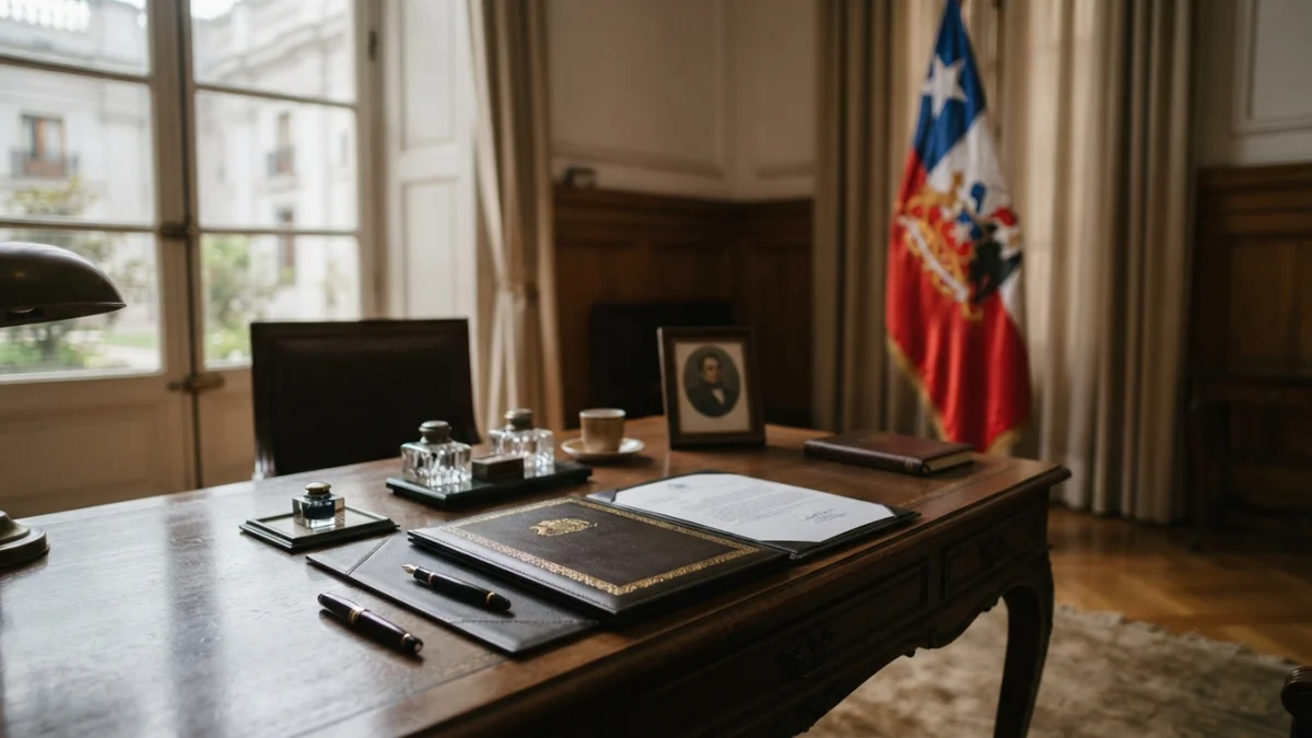Salón presidencial con una carpeta de ley y la bandera chilena al fondo