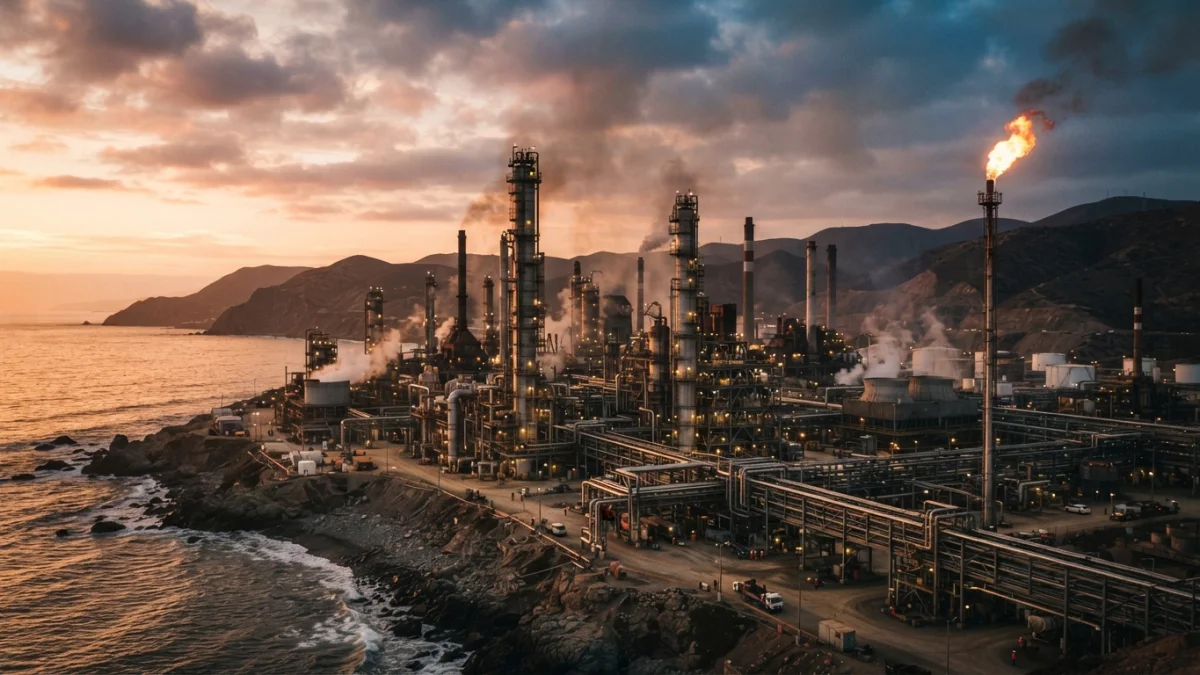 Refinería de petróleo en la costa de Chile al atardecer