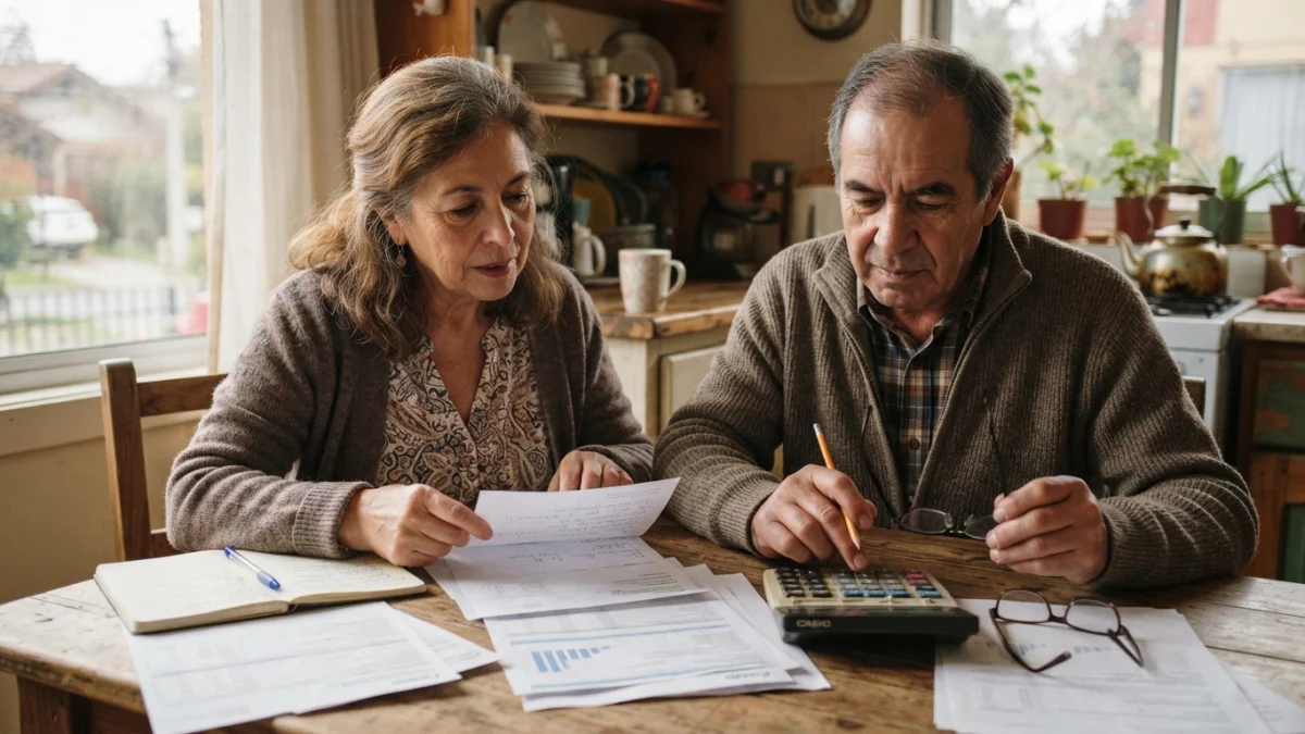 Pareja de adultos mayores revisando documentos de pensión en una mesa