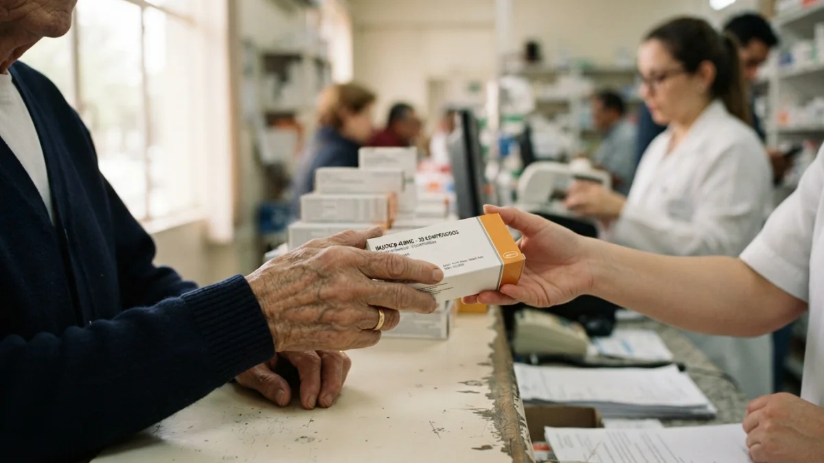 Manos de un adulto mayor recibiendo medicamentos de alto costo en la farmacia de un hospital