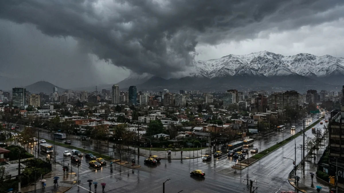 Frente de nubes de tormenta avanzando sobre Santiago con la cordillera de los Andes al fondo
