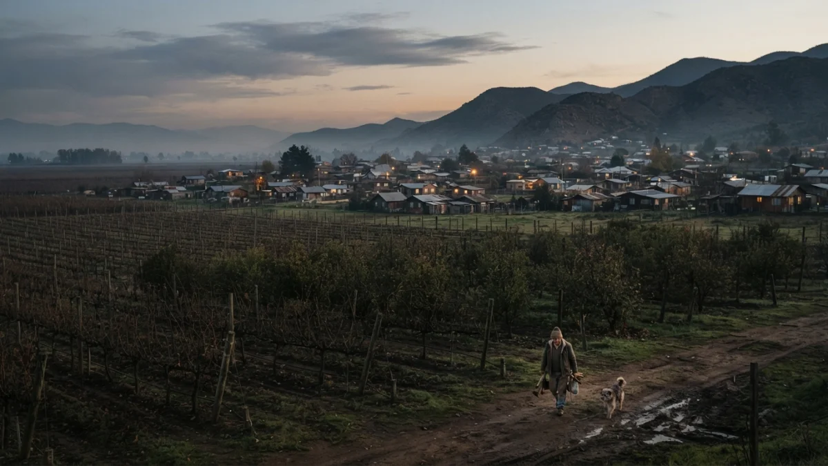 Campo agrícola en el borde de una localidad rural al atardecer