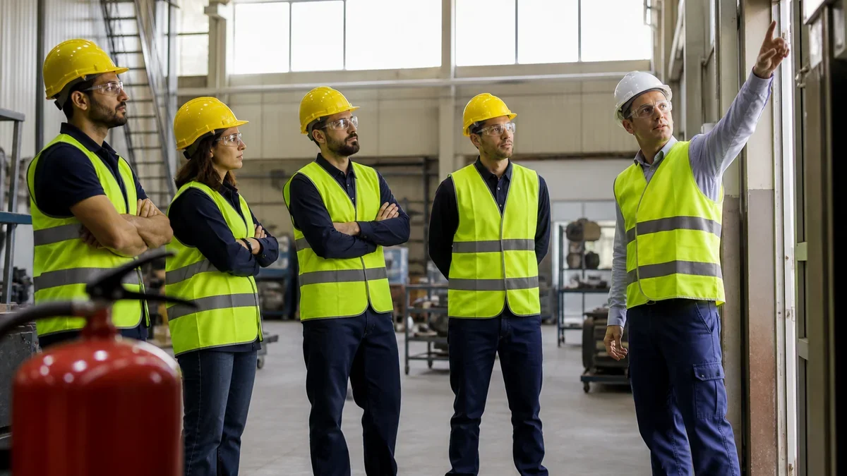 Trabajadores con casco y chaleco reflectante en una capacitación de prevención de riesgos