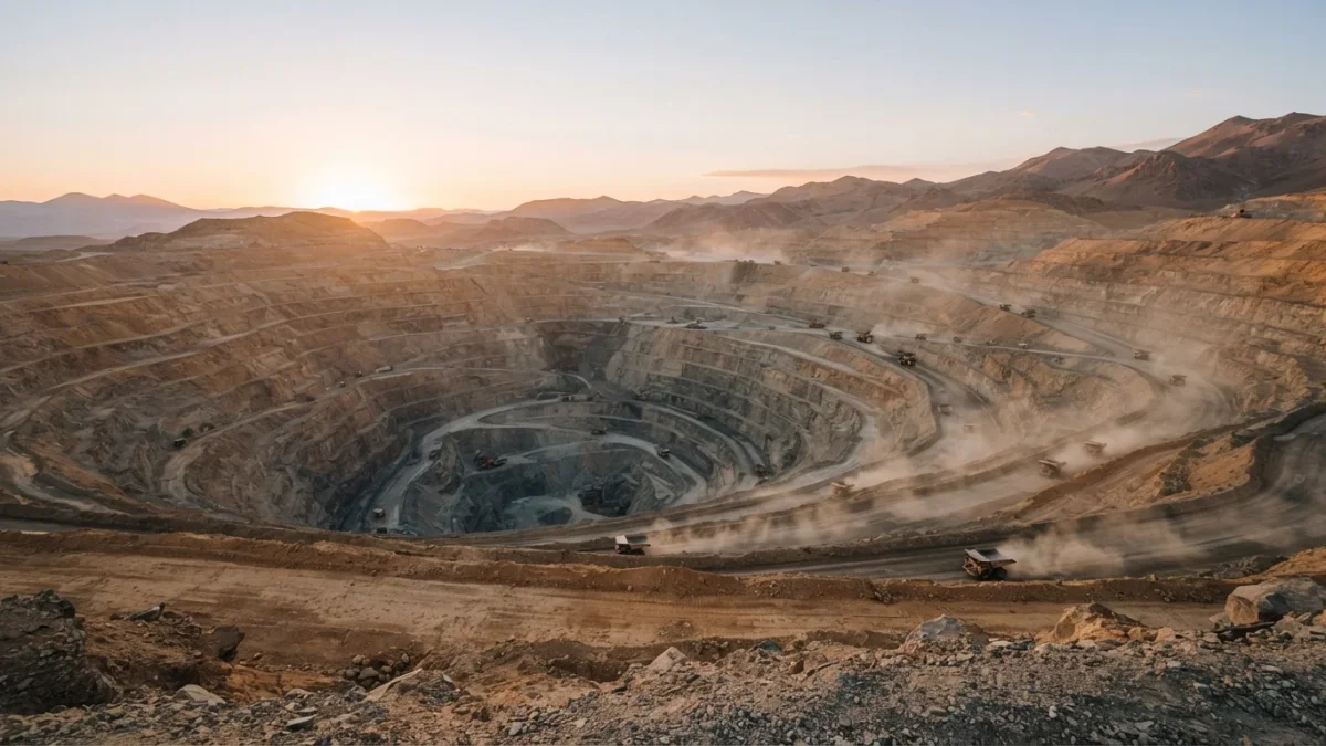 Mina de cobre a rajo abierto en el norte de Chile al amanecer