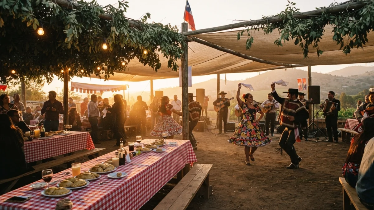 Ramada chilena de Fiestas Patrias con techo de ramas, mesas con empanadas y parejas bailando cueca al atardecer
